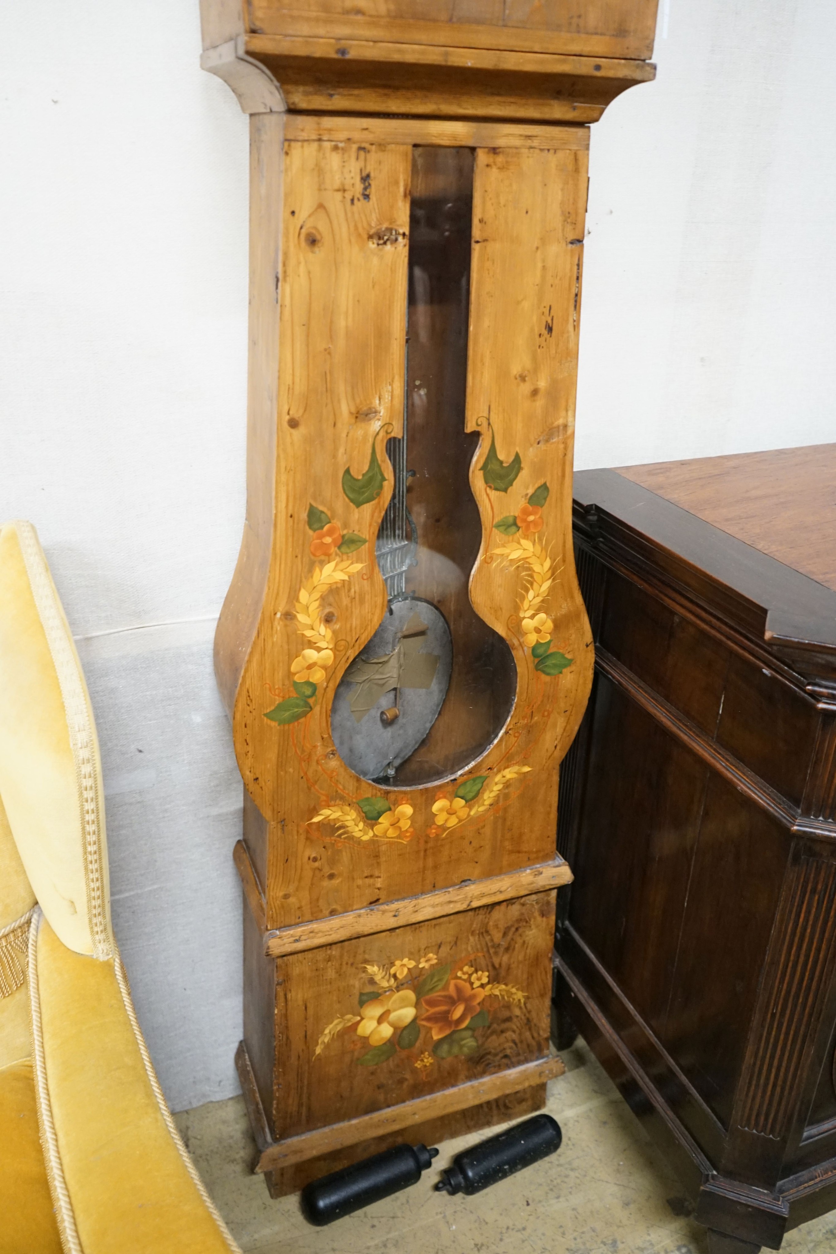 A 19th century French painted pine longcase clock, height 214cm